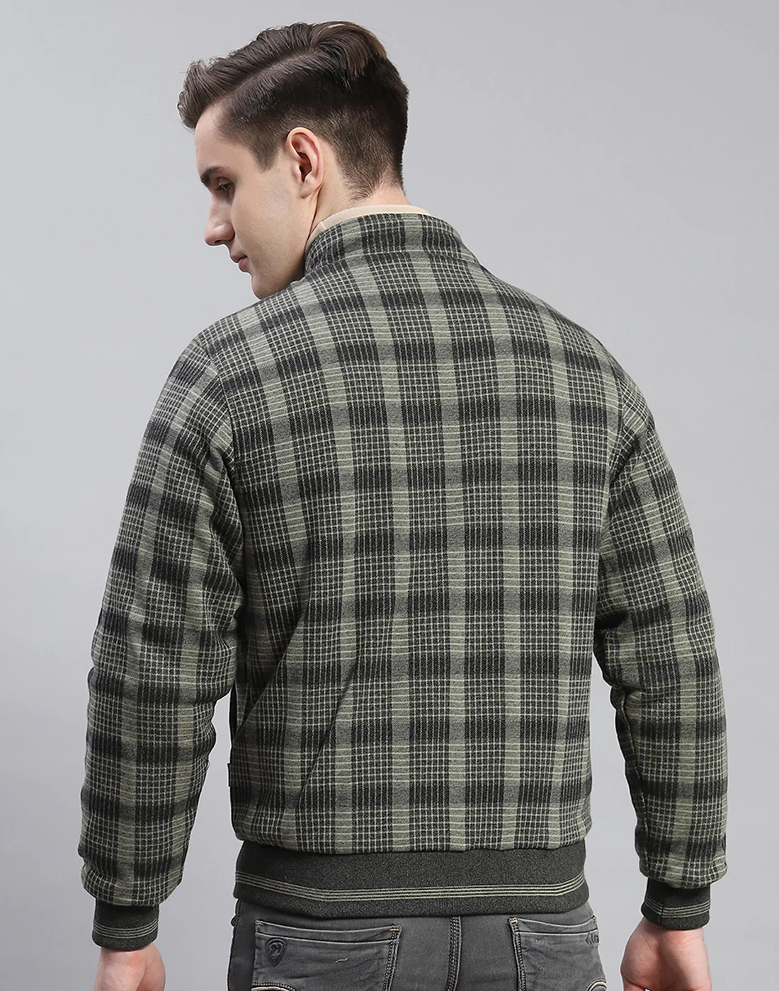 Men Olive Solid Stand Collar Full Sleeve Jacket - Image 7
