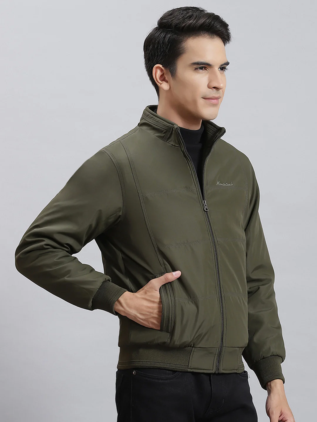 Men Olive Solid Stand Collar Full Sleeve Jackets - Image 4