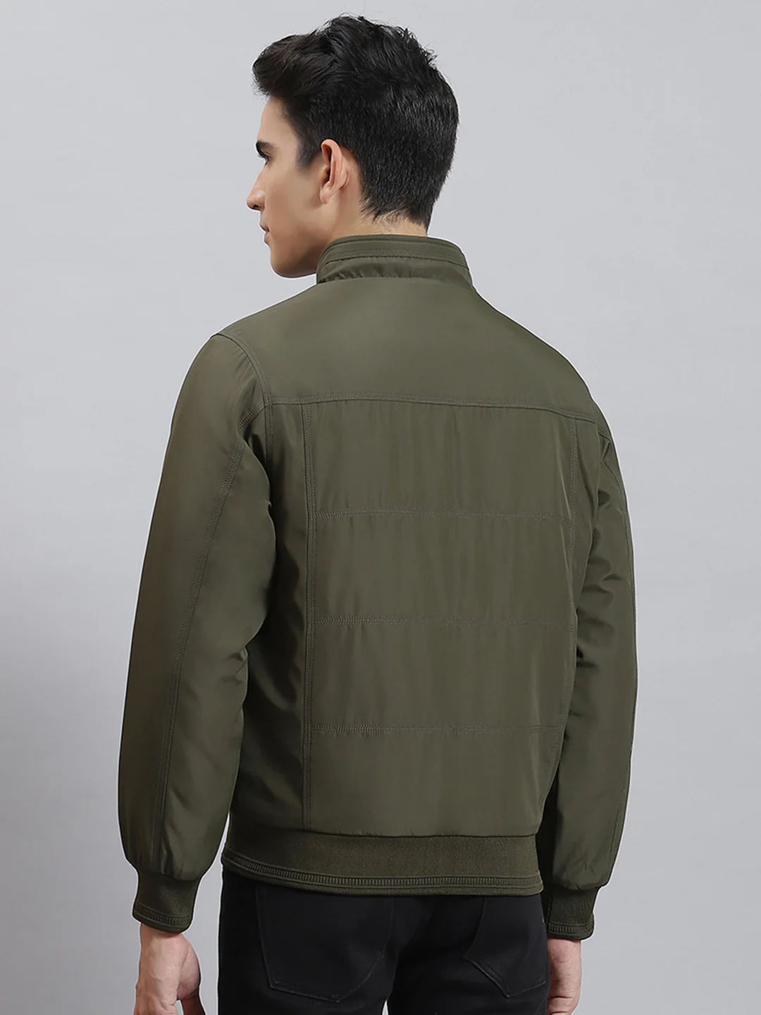 Men Olive Solid Stand Collar Full Sleeve Jackets - Image 5