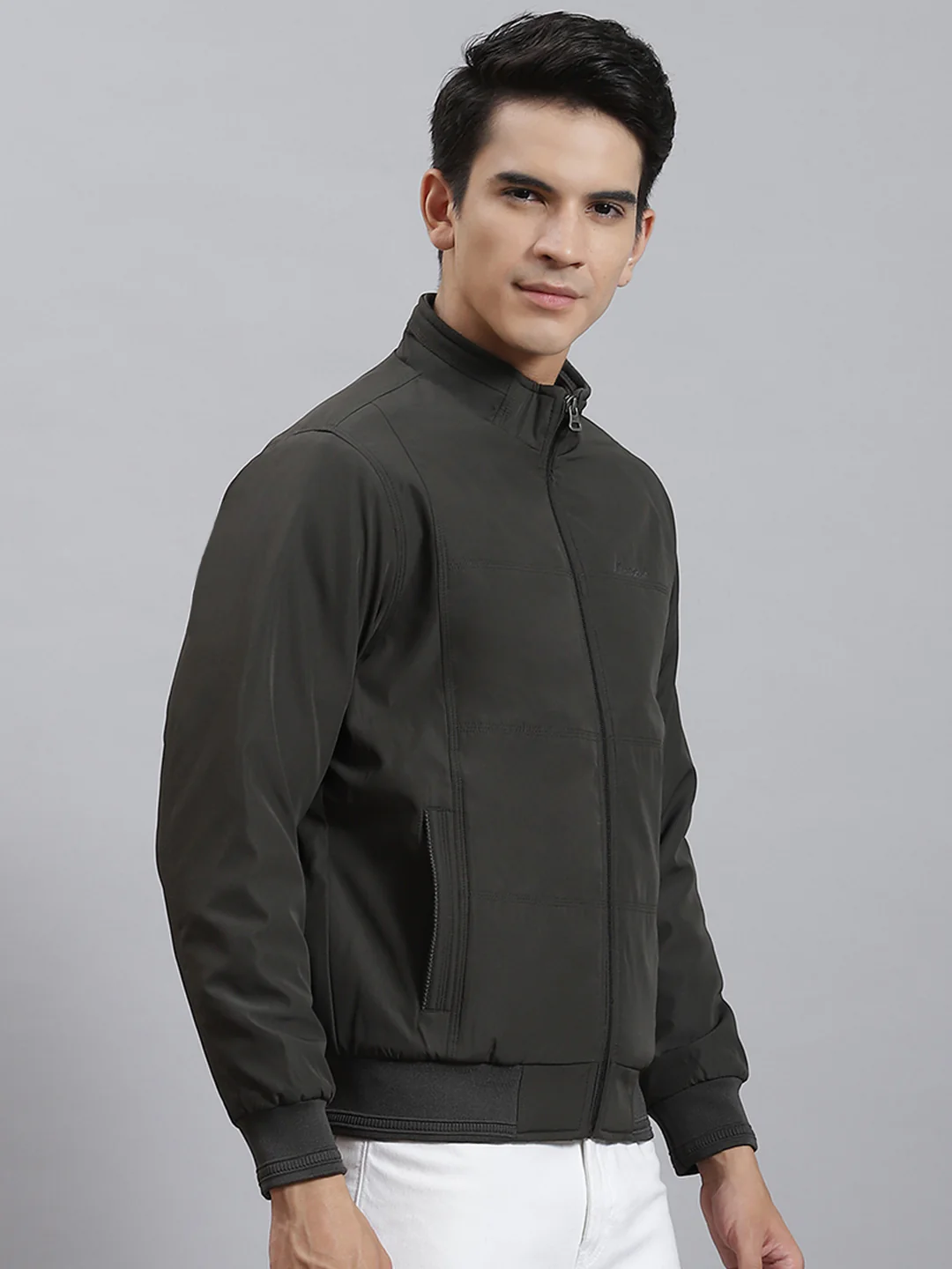 Men Olive Solid Stand Collar Full Sleeve Jackets - Image 4