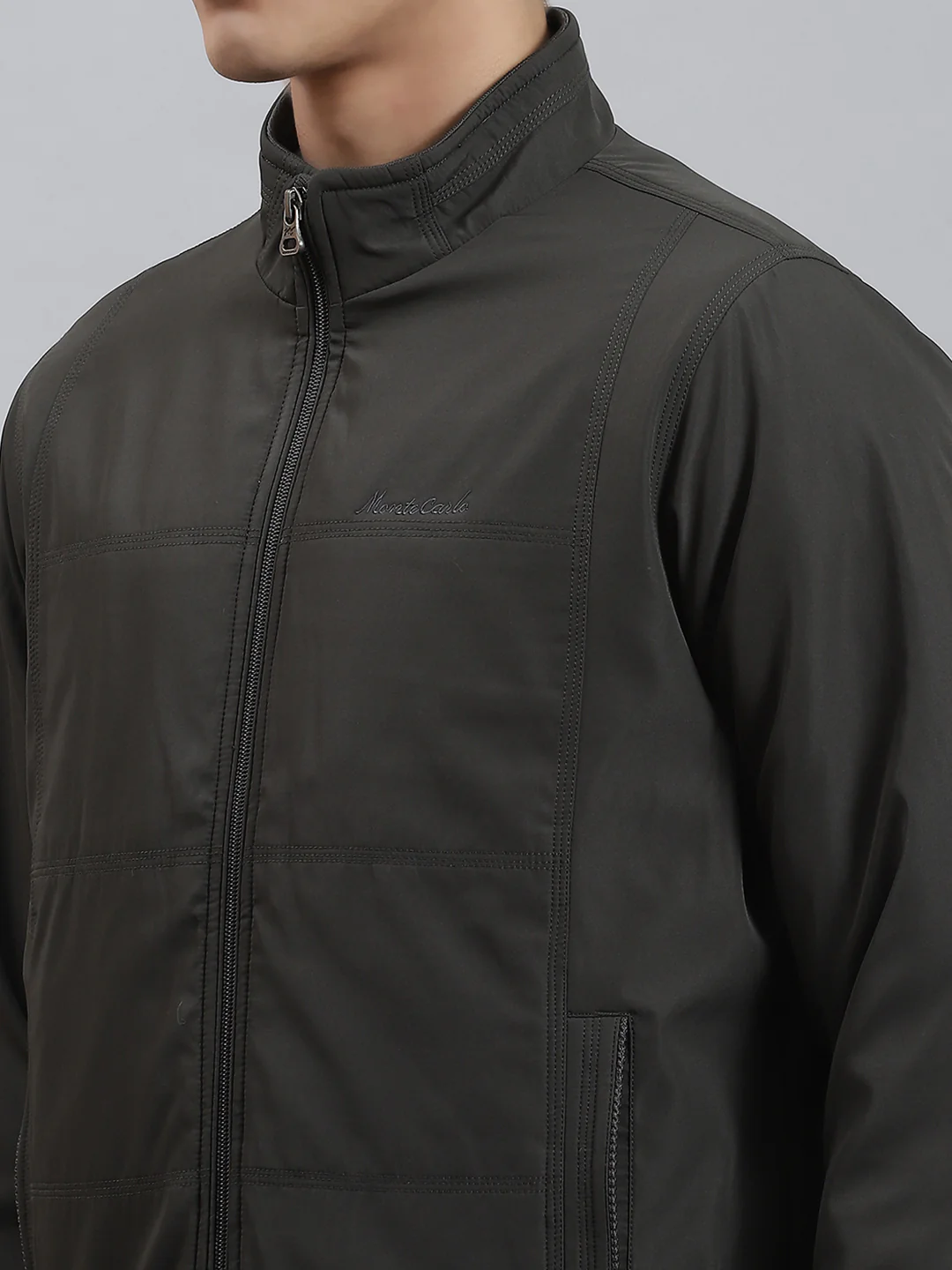 Men Olive Solid Stand Collar Full Sleeve Jackets - Image 6
