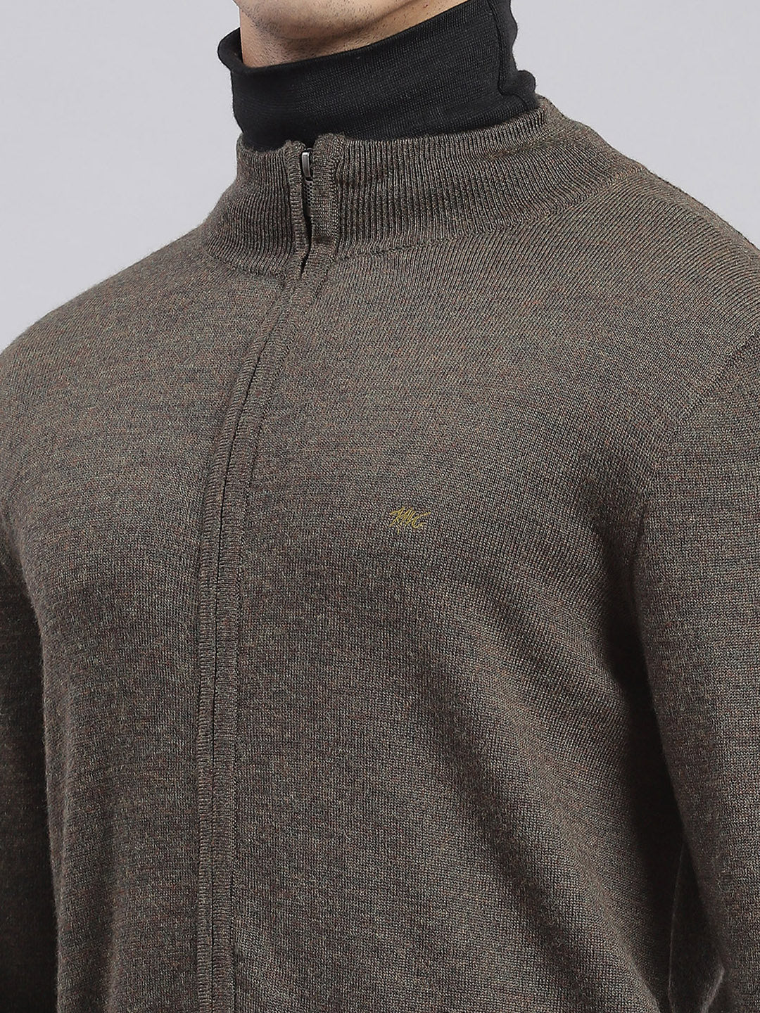Men Olive Solid Stand Collar Full Sleeve Sweaters/Pullovers - Image 6