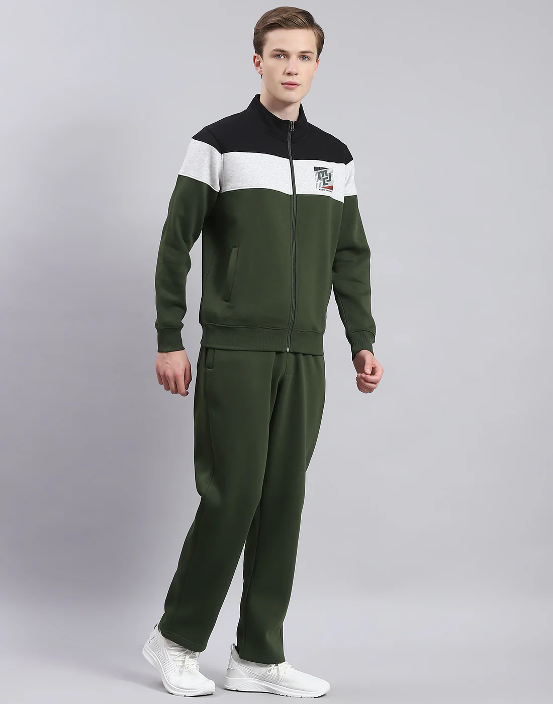 Men Olive Solid Stand Collar Full Sleeve Tracksuit - Image 4