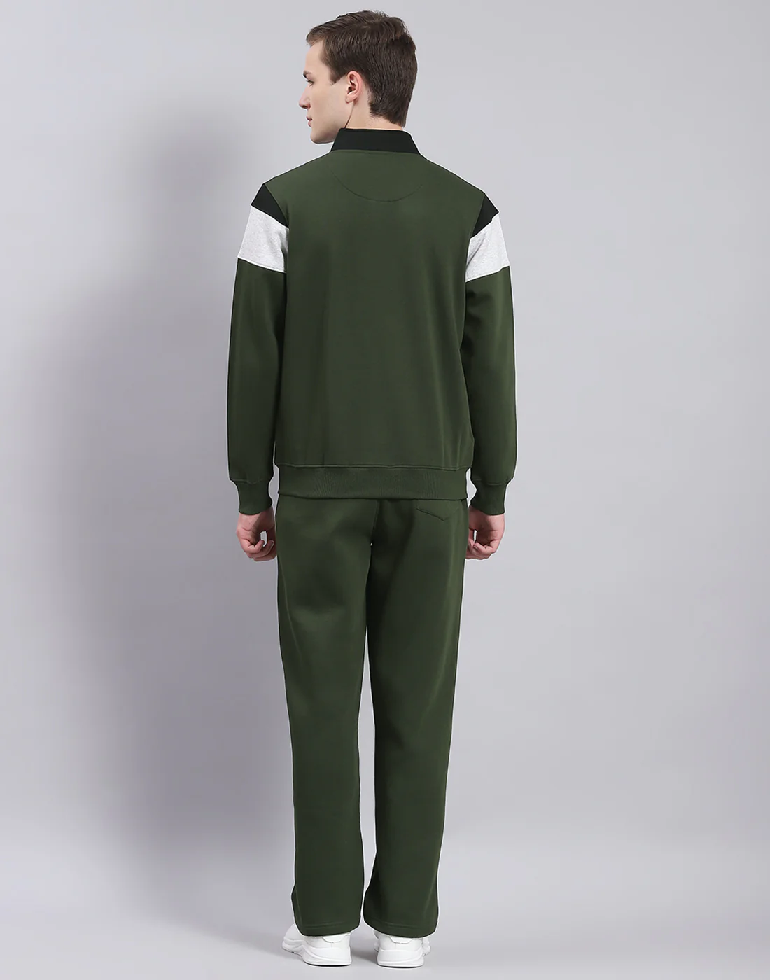 Men Olive Solid Stand Collar Full Sleeve Tracksuit - Image 5