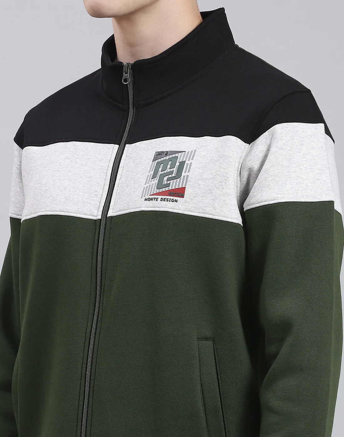 Men Olive Solid Stand Collar Full Sleeve Tracksuit - Image 7