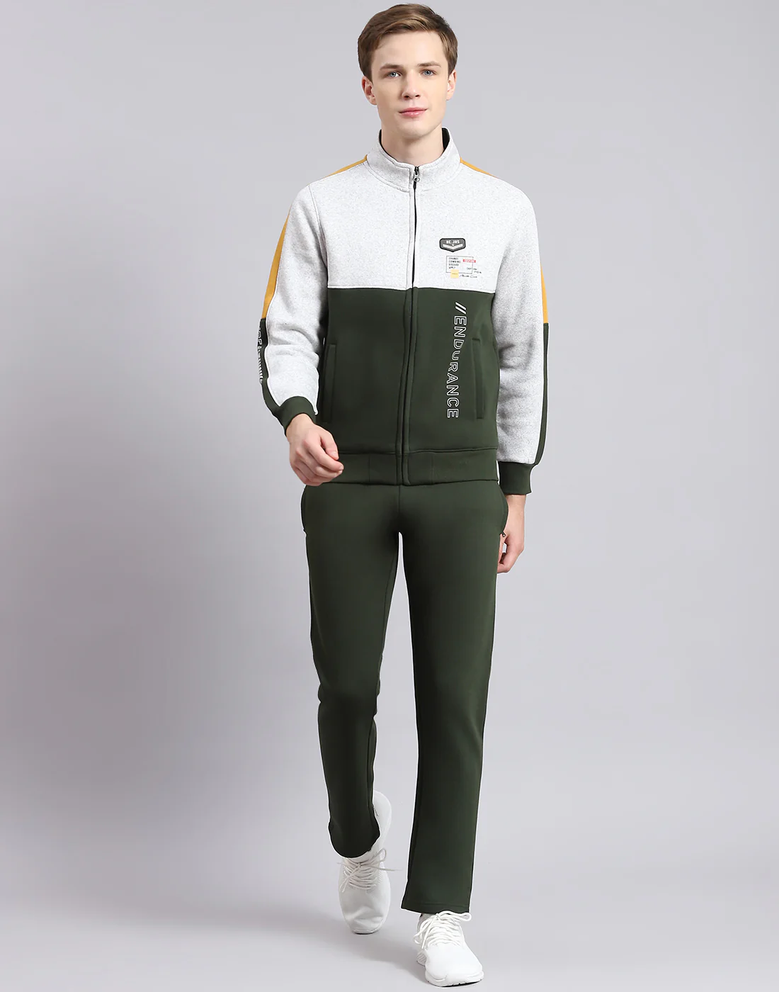Men Olive Solid Stand Collar Full Sleeve Tracksuit - Image 2