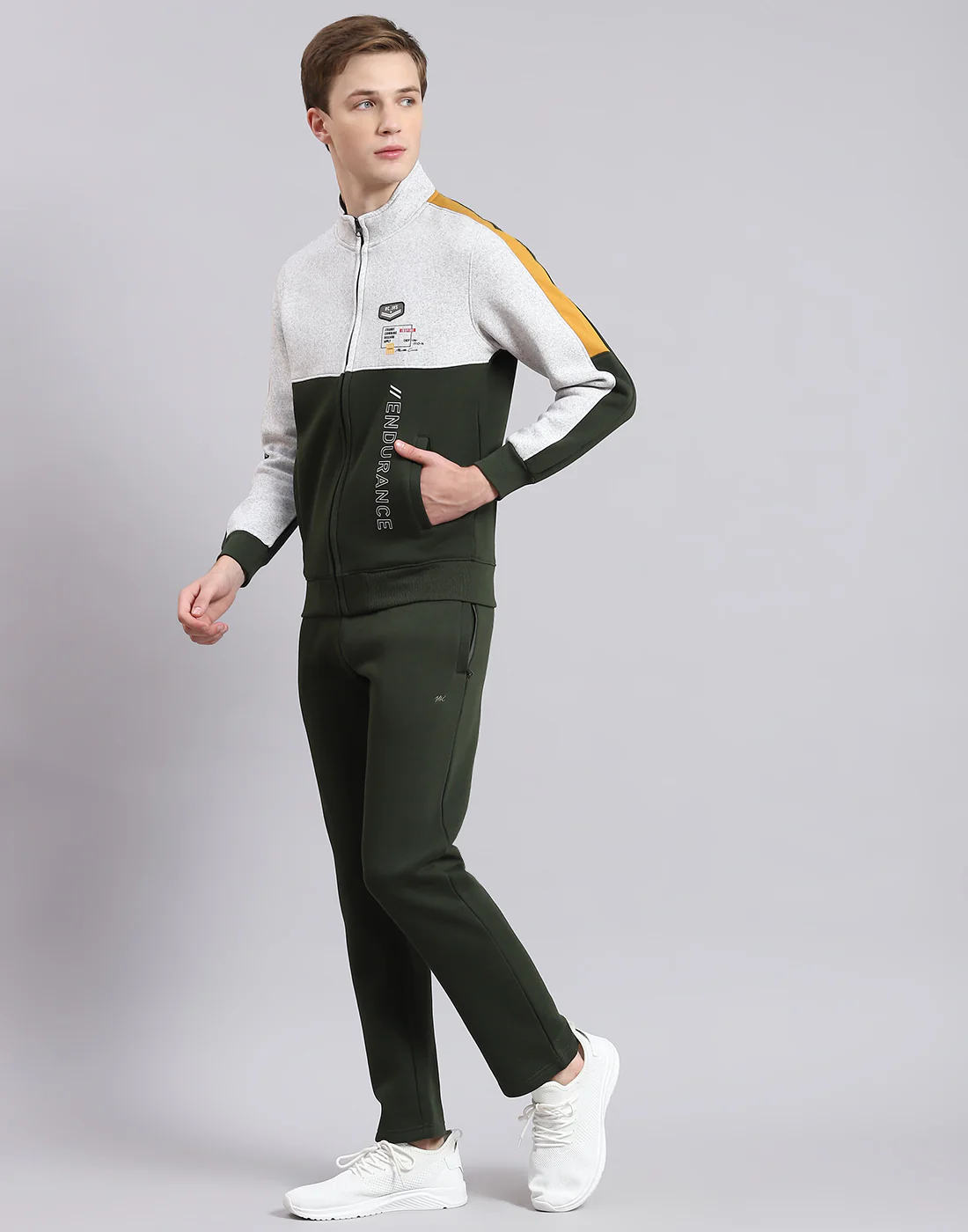 Men Olive Solid Stand Collar Full Sleeve Tracksuit - Image 3