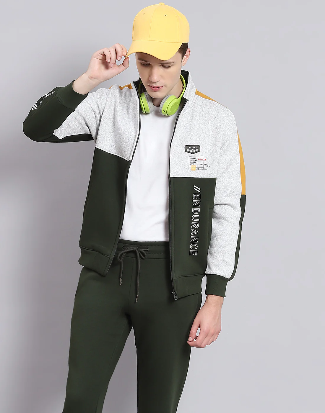 Men Olive Solid Stand Collar Full Sleeve Tracksuit - Image 6