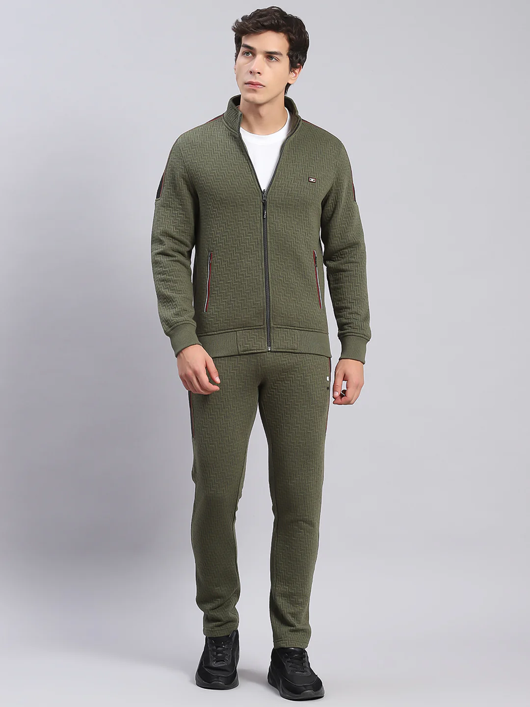 Men Olive Solid Stand Collar Full Sleeve Tracksuits - Image 2