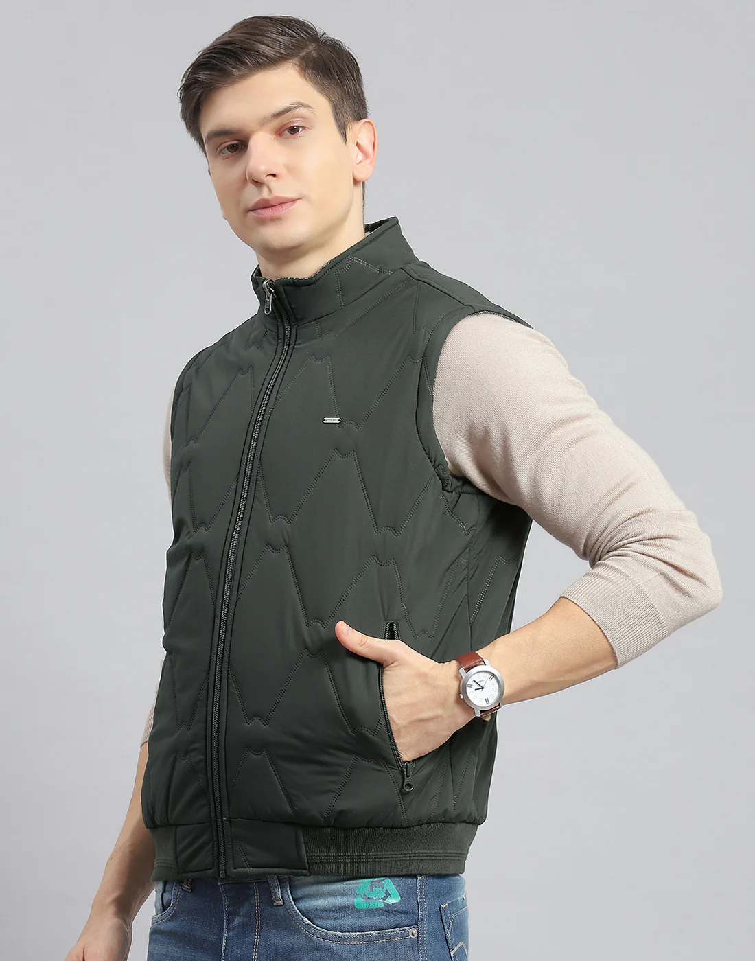 Men Olive Solid Stand Collar Sleeveless Jacket - Image 3