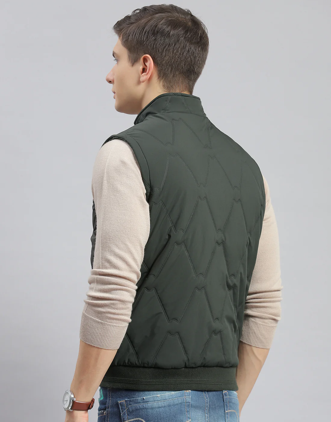 Men Olive Solid Stand Collar Sleeveless Jacket - Image 5
