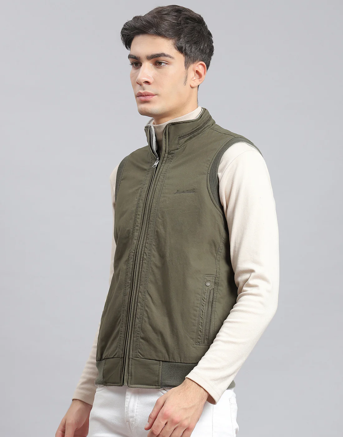 Men Olive Solid Stand Collar Sleeveless Jacket - Image 5