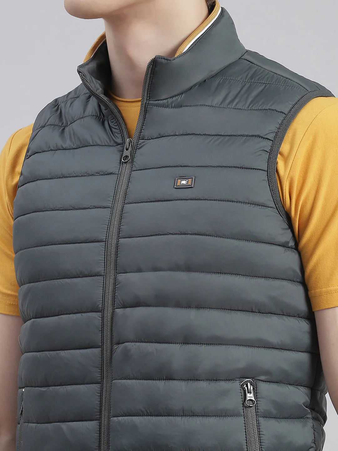 Men Olive Solid Stand Collar Sleeveless Jackets - Image 6