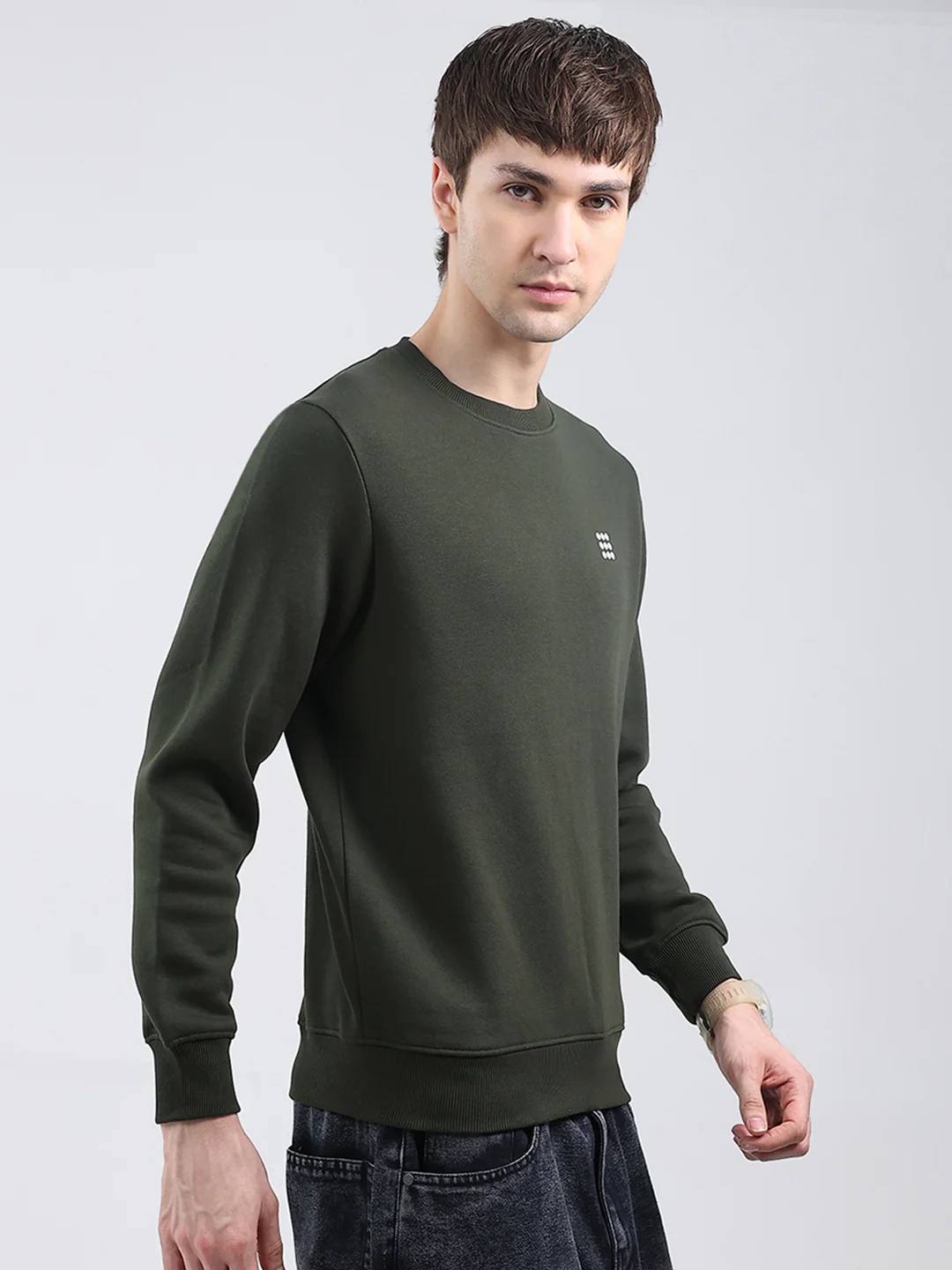 Rock.it Men Olive Solid Round Neck Full Sleeve Sweatshirt - Image 4
