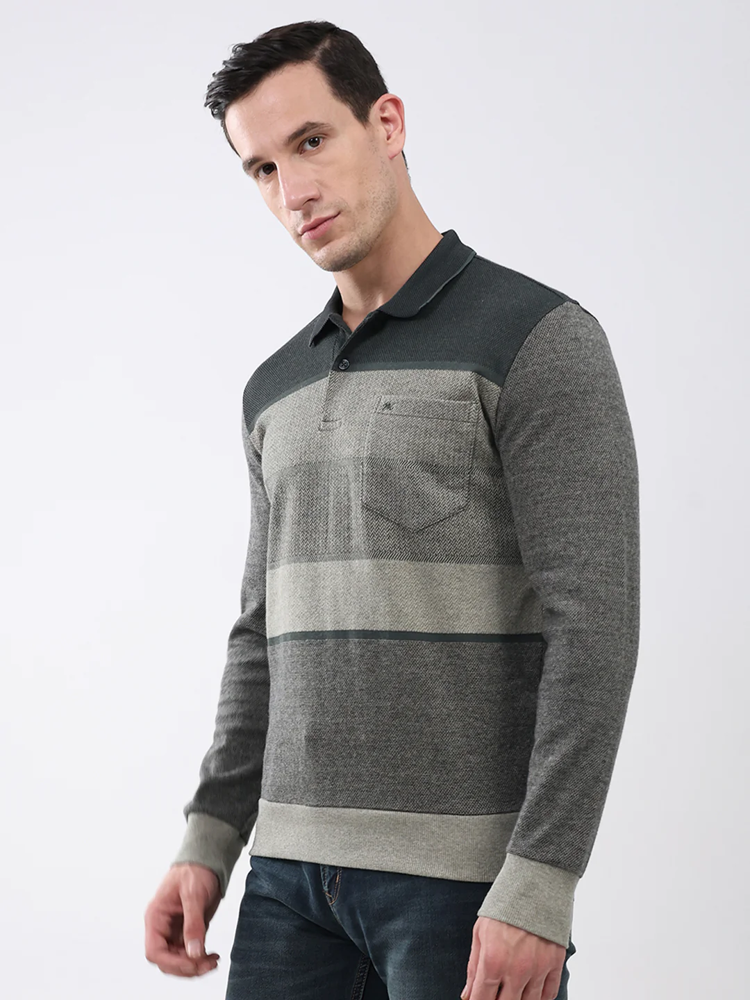 Men Olive Stripe Collar Full Sleeve Winter T-Shirt - Image 3