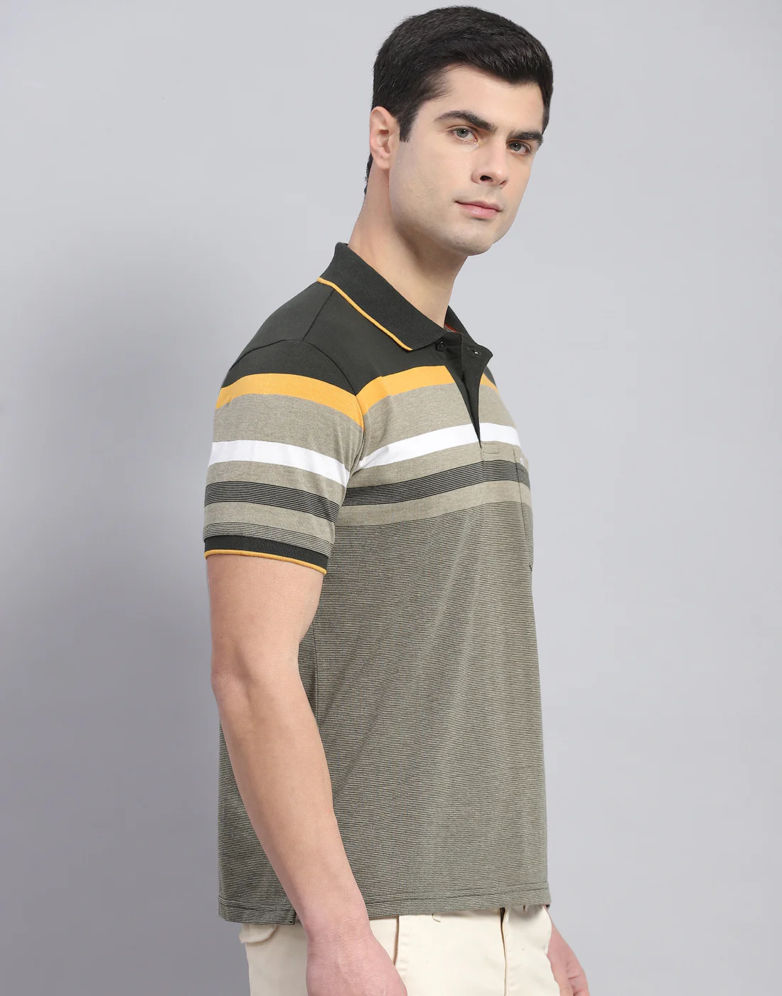 Men Olive Stripe Collar Half Sleeve T-Shirt - Image 4
