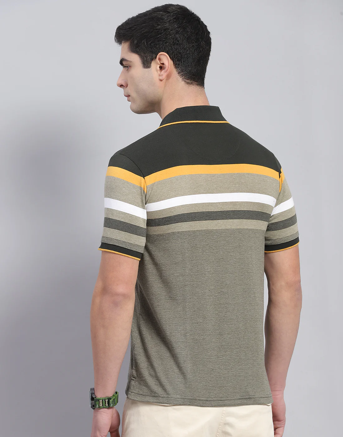 Men Olive Stripe Collar Half Sleeve T-Shirt - Image 5