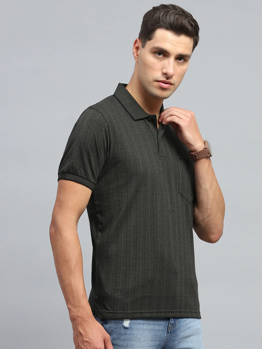 Men Olive Stripe Collar Half Sleeve T-Shirt - Image 4