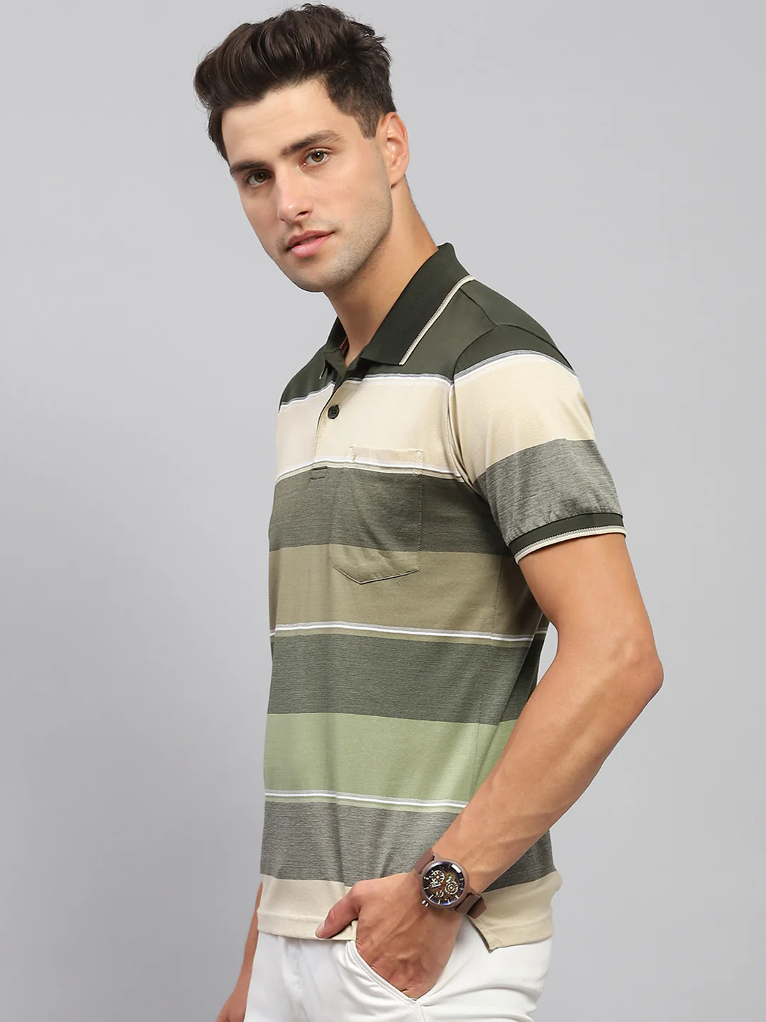 Men Olive Stripe Collar Half Sleeve T-Shirt - Image 3