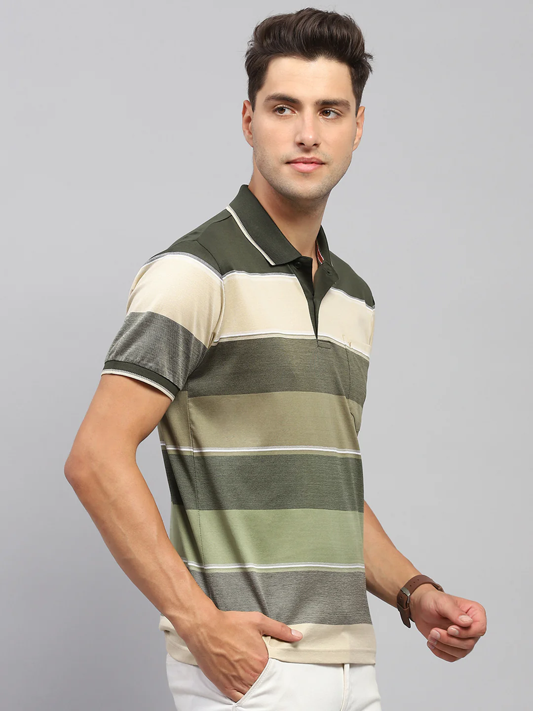 Men Olive Stripe Collar Half Sleeve T-Shirt - Image 4