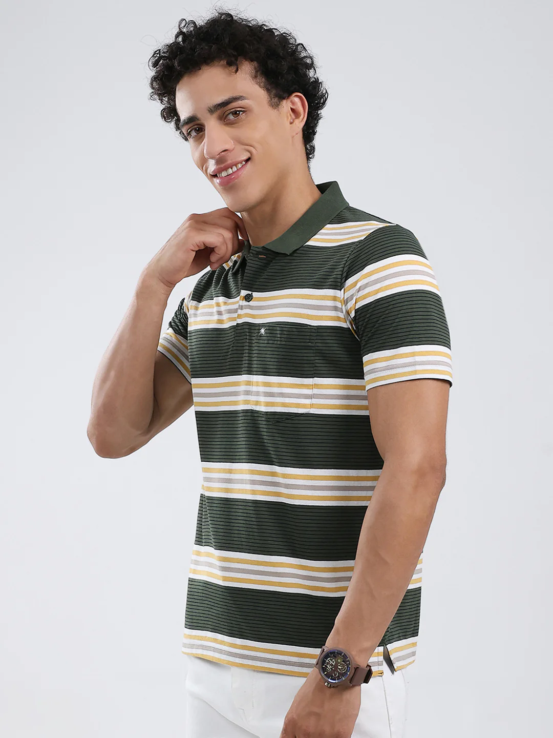 Men Olive Stripe Collar Half Sleeve T-Shirt - Image 3