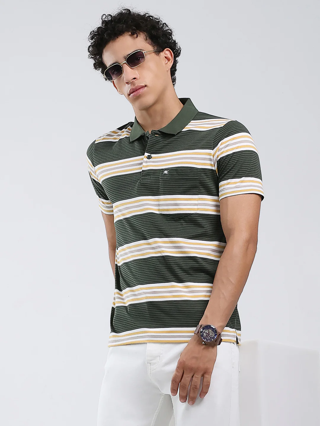 Men Olive Stripe Collar Half Sleeve T-Shirt - Image 6