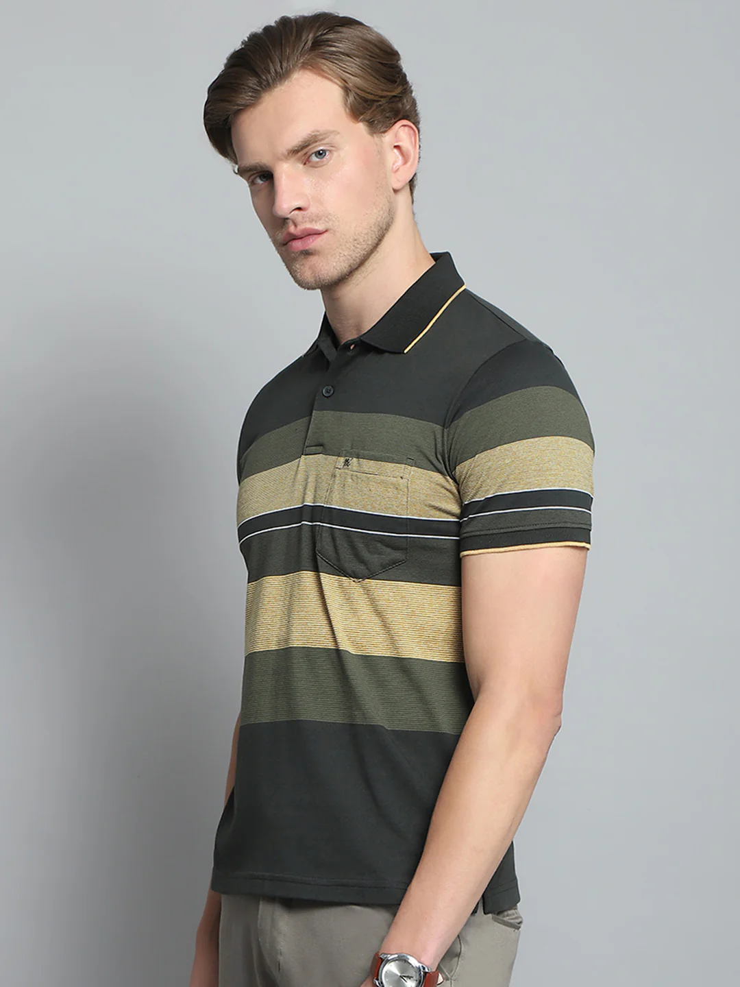 Men Olive Stripe Collar Half Sleeve T-Shirt - Image 3