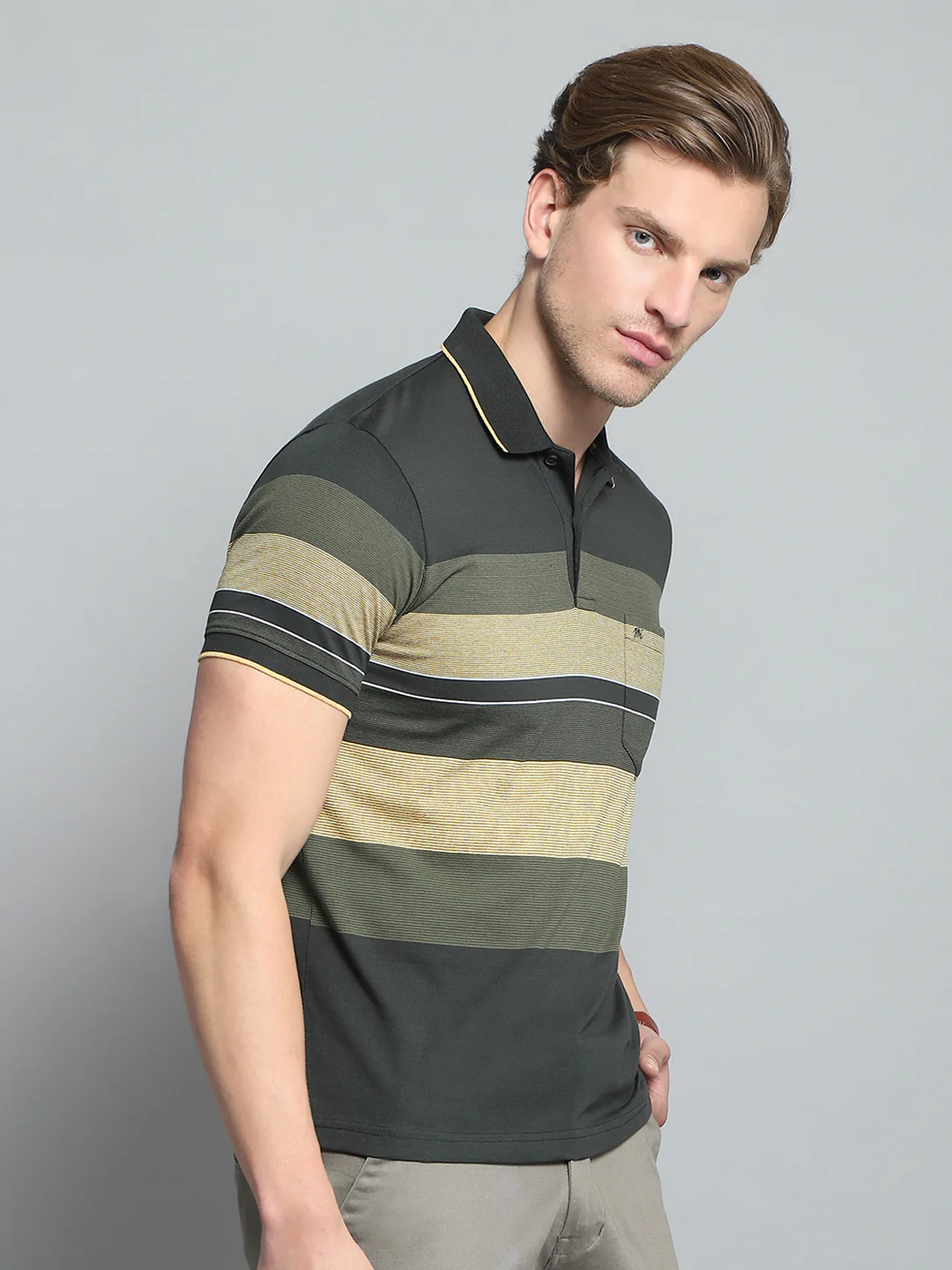 Men Olive Stripe Collar Half Sleeve T-Shirt - Image 4