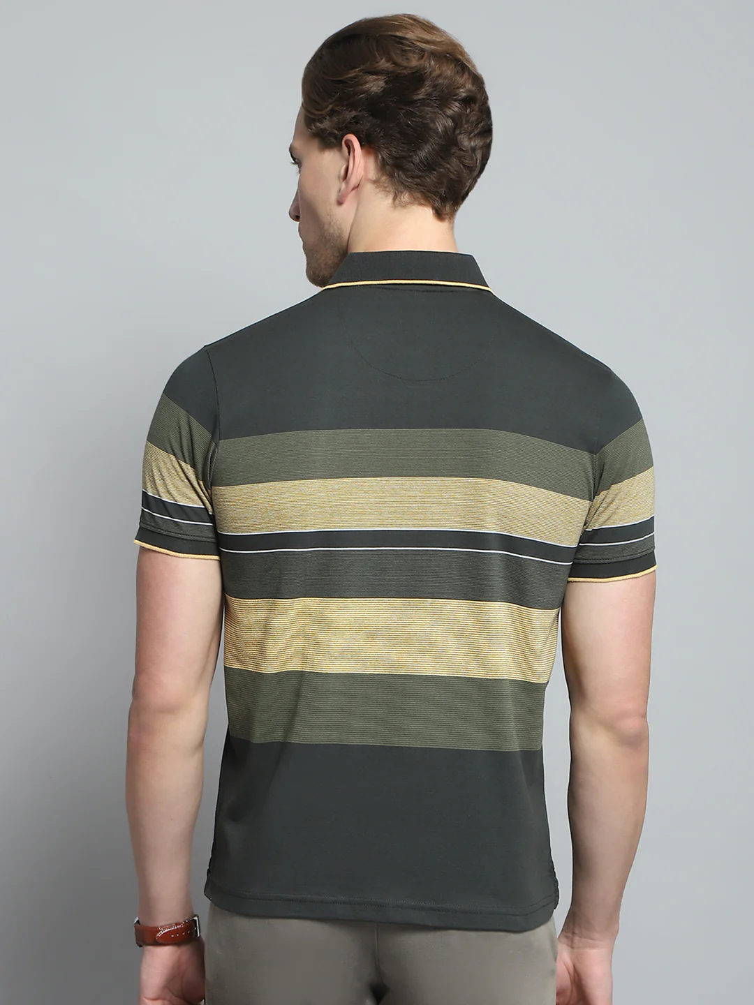 Men Olive Stripe Collar Half Sleeve T-Shirt - Image 5