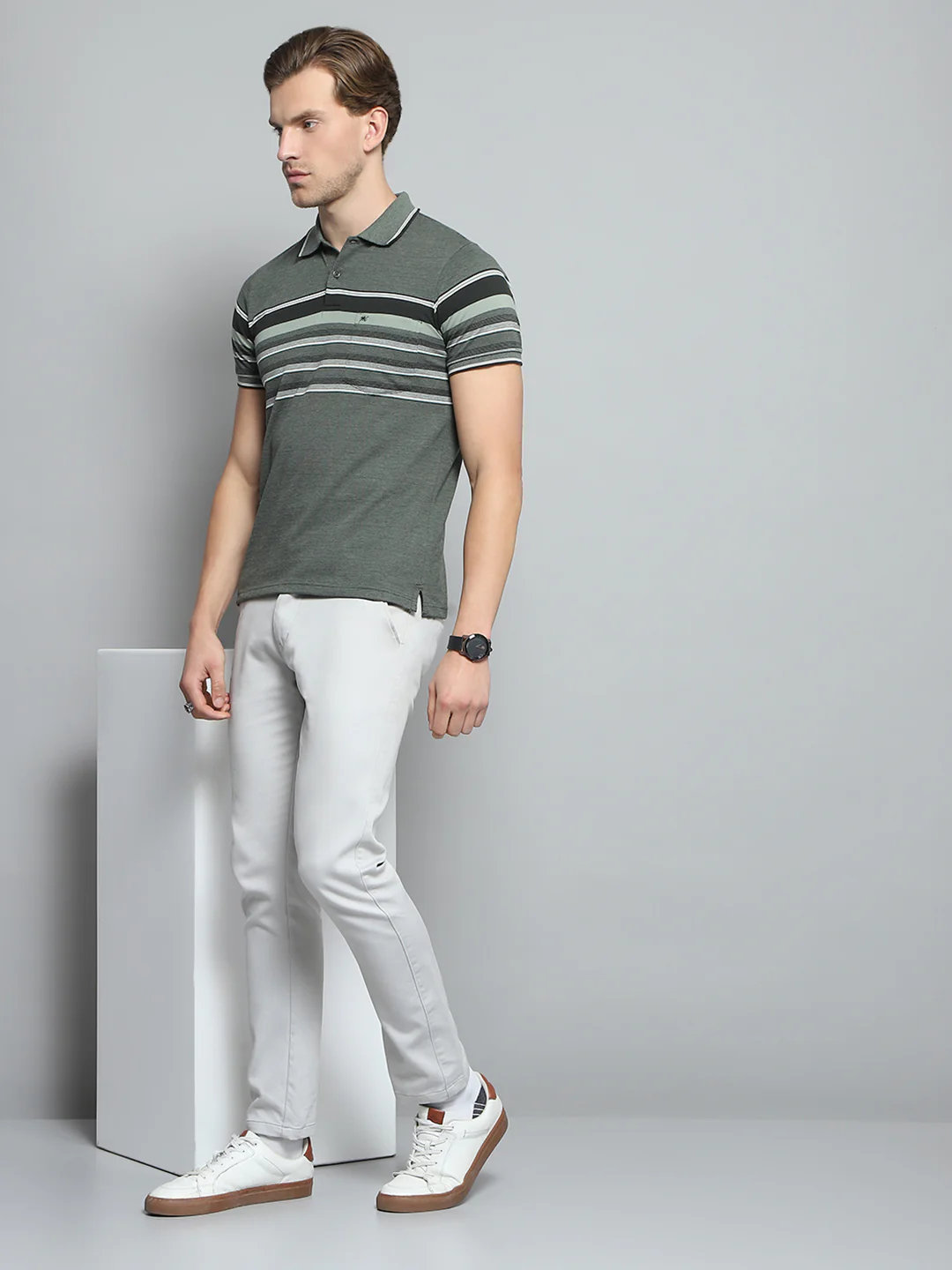 Men Olive Stripe Collar Half Sleeve T-Shirt - Image 2