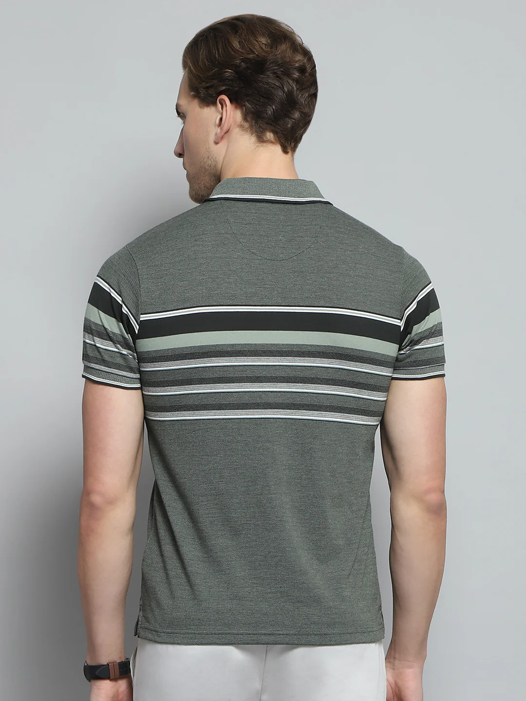 Men Olive Stripe Collar Half Sleeve T-Shirt - Image 5