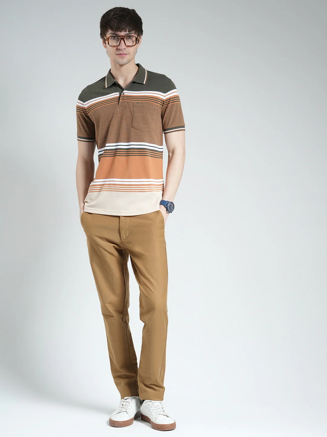 Men Olive Stripe Collar Half Sleeve T-Shirt - Image 2