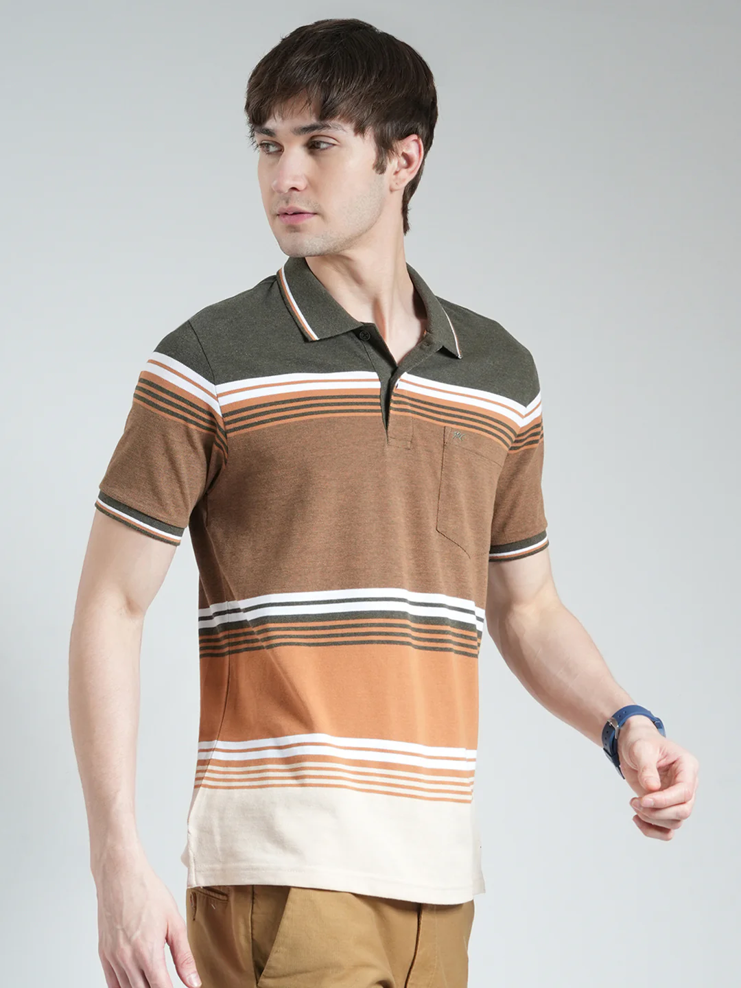 Men Olive Stripe Collar Half Sleeve T-Shirt - Image 4