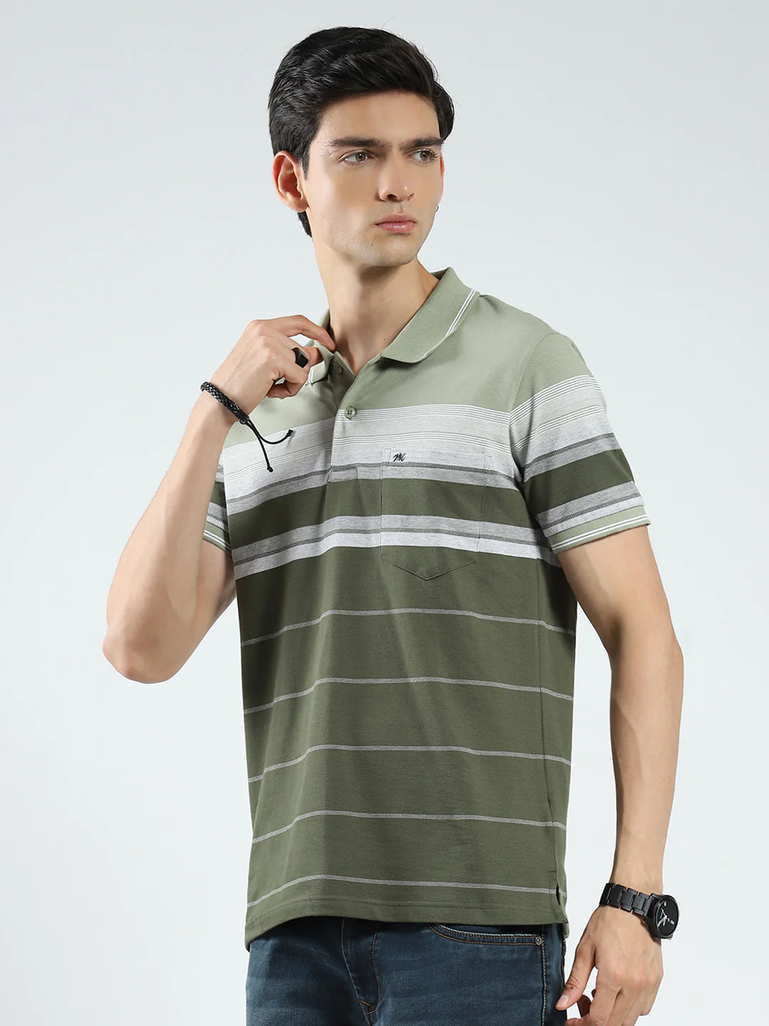 Men Olive Stripe Collar Half Sleeve T-Shirt - Image 3