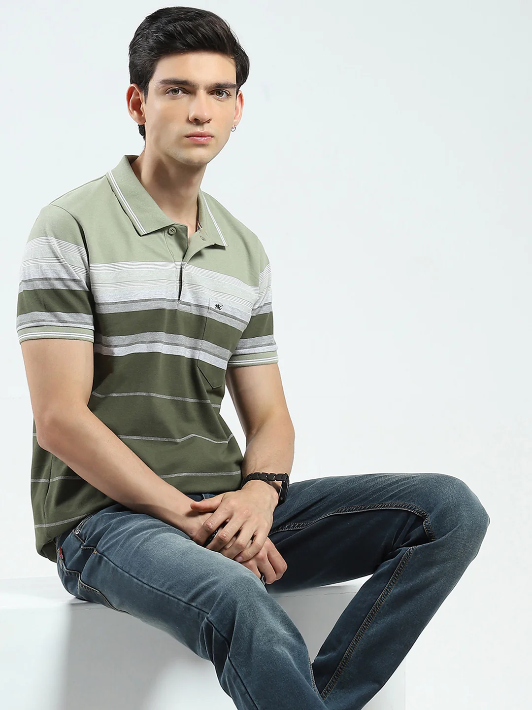 Men Olive Stripe Collar Half Sleeve T-Shirt - Image 6