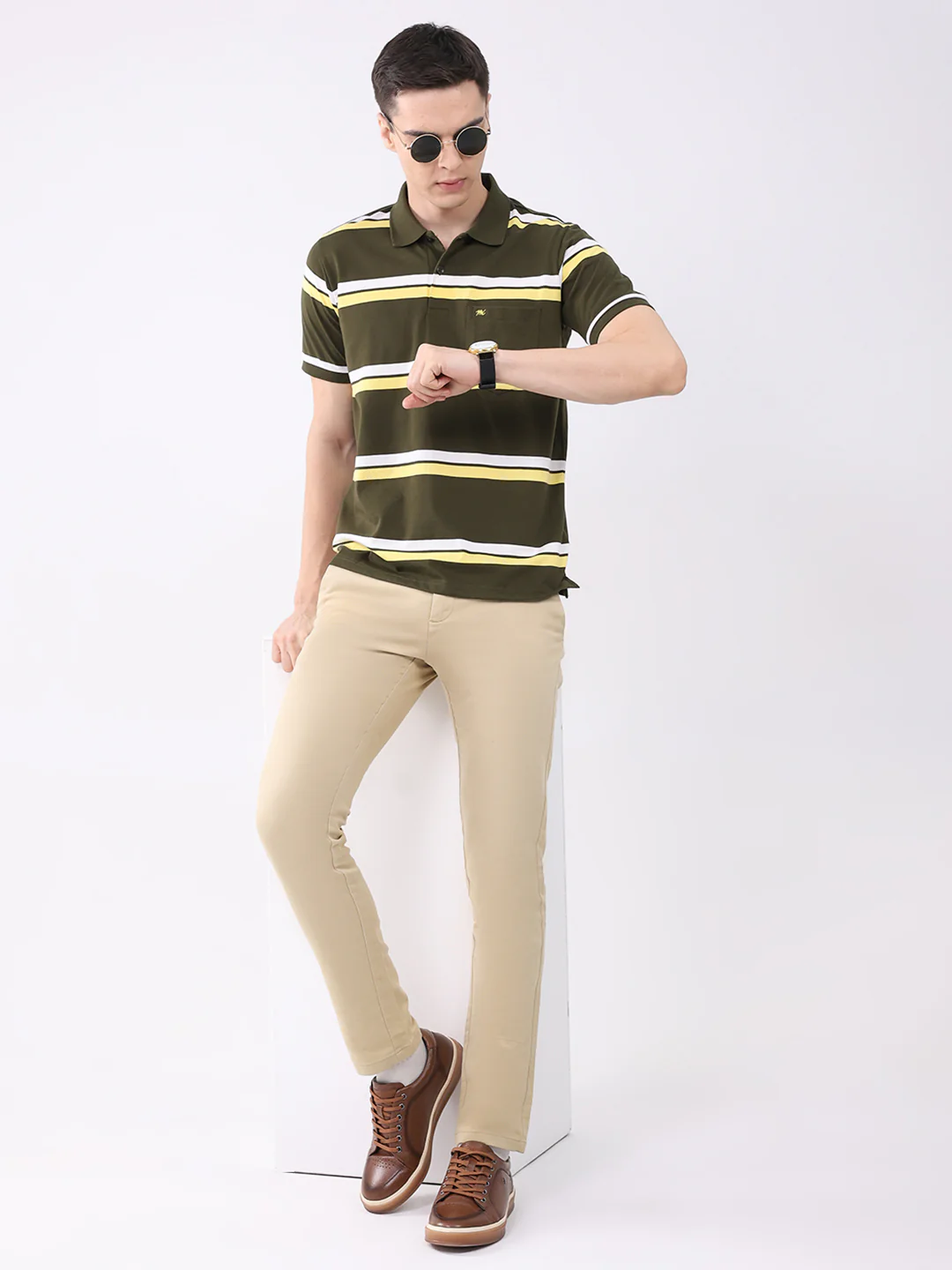 Men Olive Stripe Collar Half Sleeve T-Shirt - Image 2