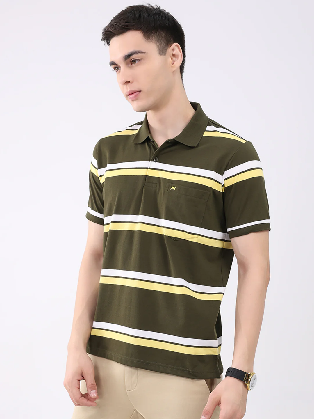 Men Olive Stripe Collar Half Sleeve T-Shirt - Image 3