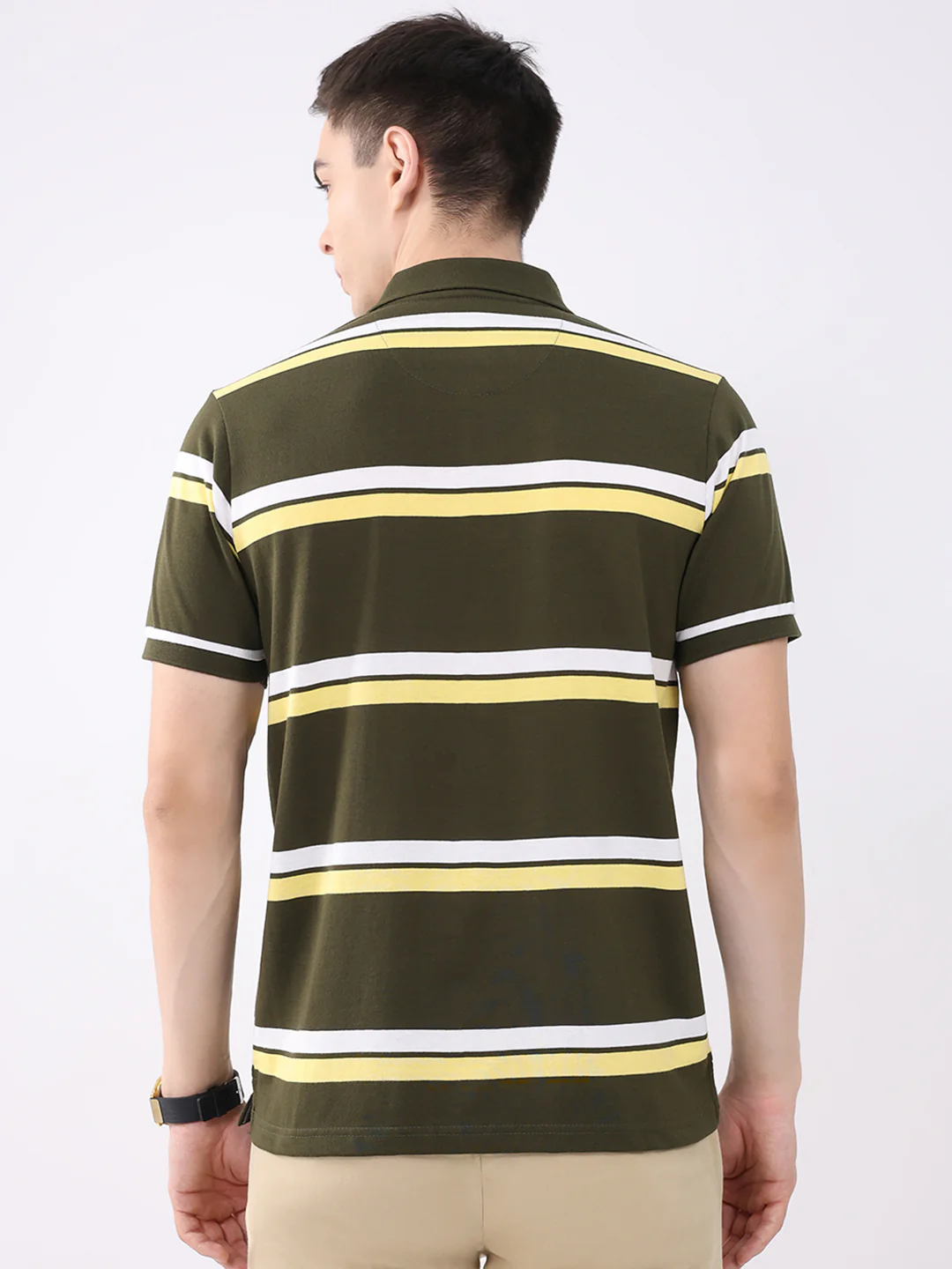Men Olive Stripe Collar Half Sleeve T-Shirt - Image 5