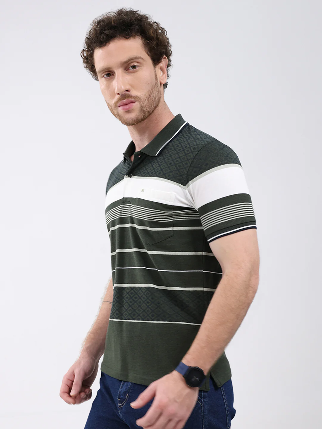 Men Olive Stripe Collar Half Sleeve T-Shirt - Image 3