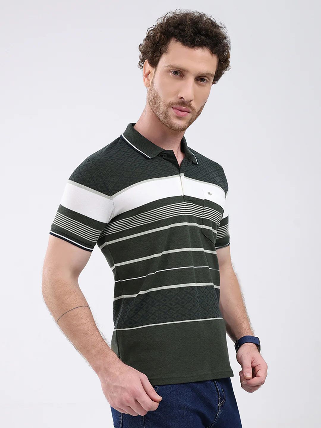 Men Olive Stripe Collar Half Sleeve T-Shirt - Image 4