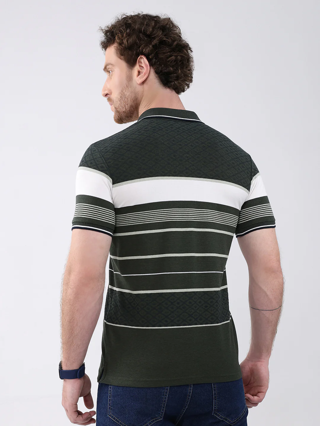 Men Olive Stripe Collar Half Sleeve T-Shirt - Image 5