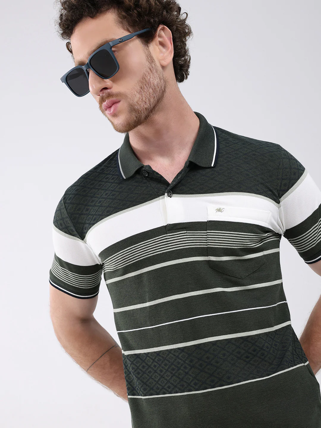 Men Olive Stripe Collar Half Sleeve T-Shirt - Image 6