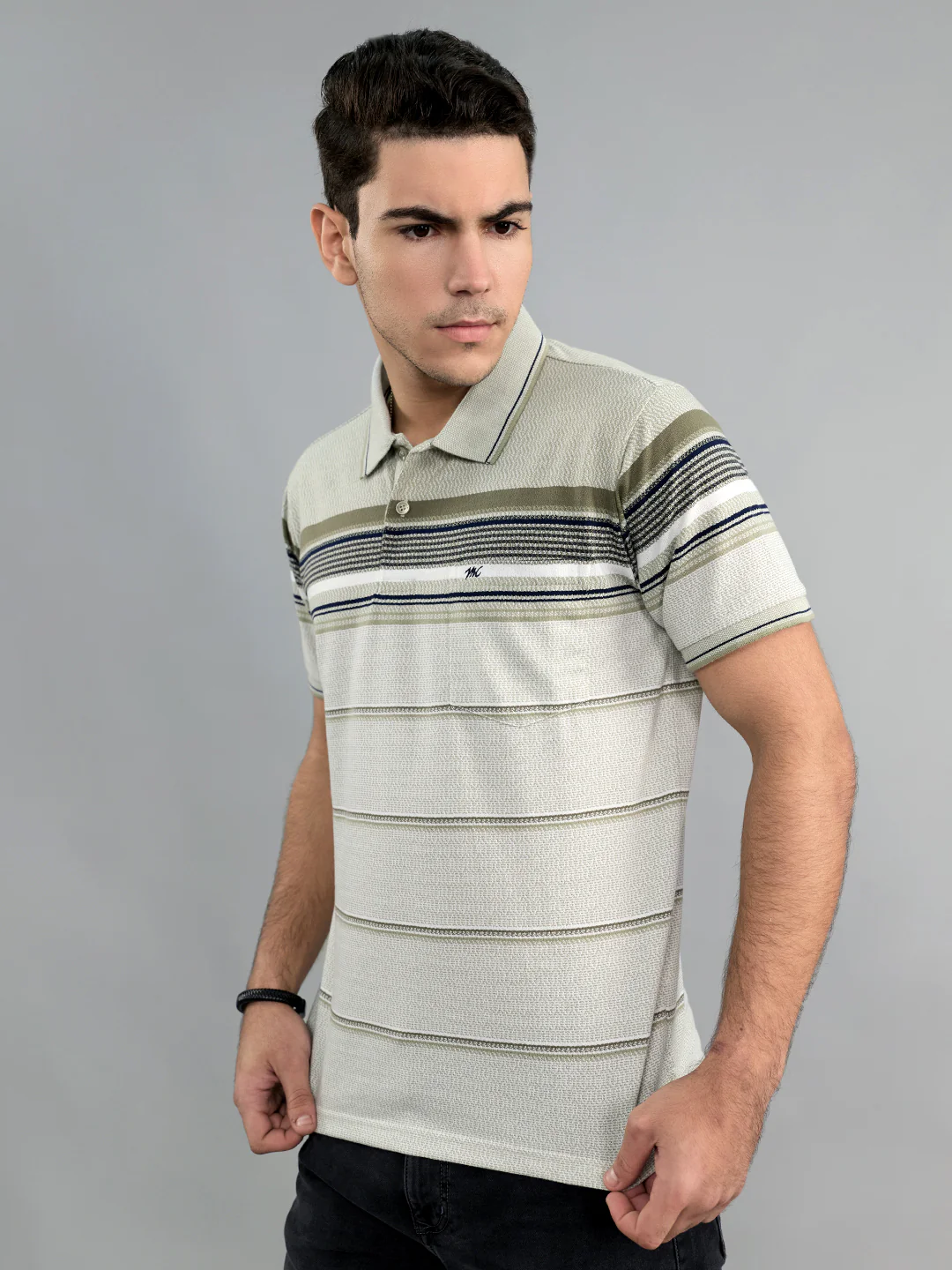 Men Olive Stripe Collar Half Sleeve T-Shirt - Image 3