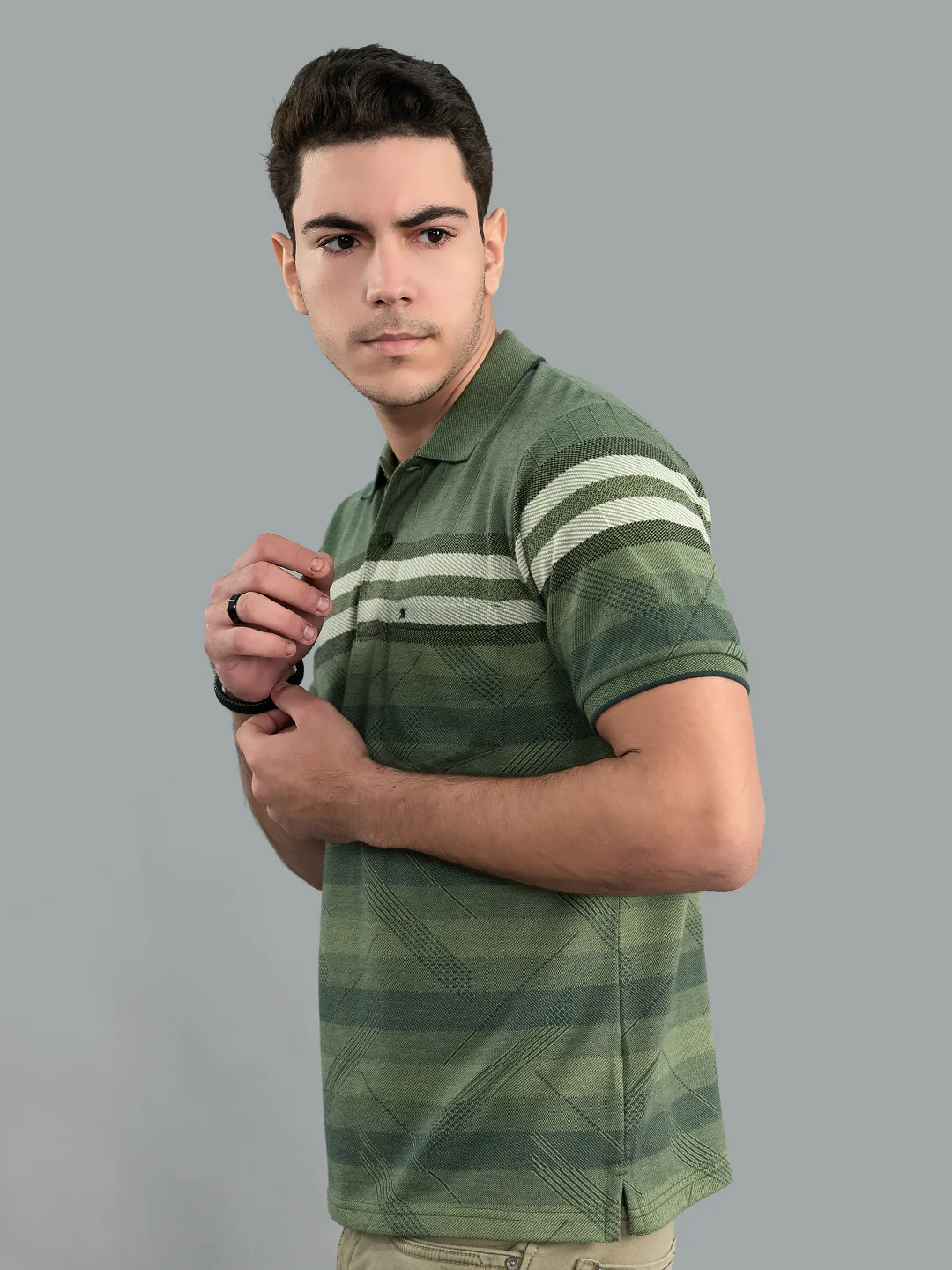 Men Olive Stripe Collar Half Sleeve T-Shirt - Image 3