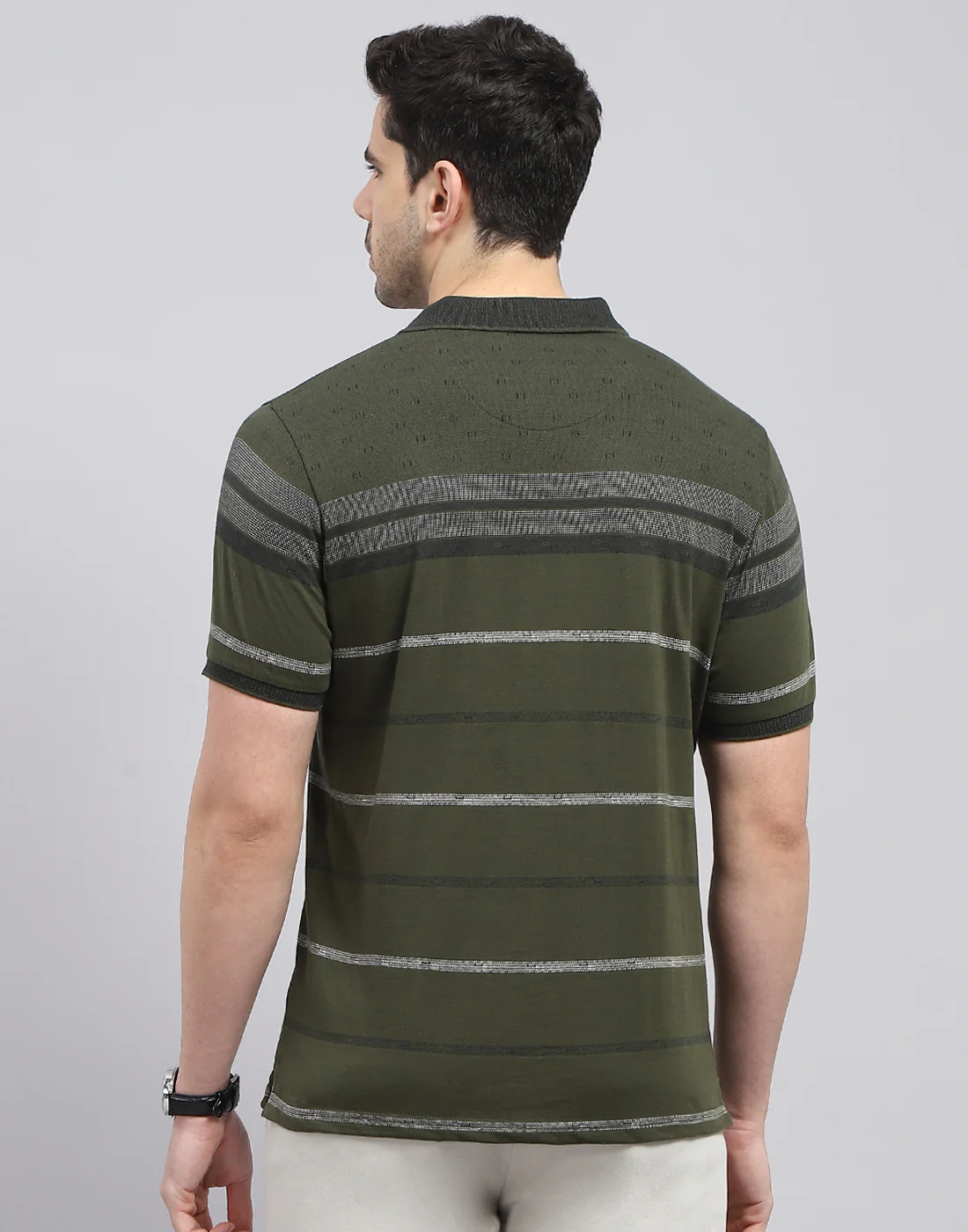 Men Olive Stripe Polo Collar Half Sleeve T-Shirt - Image 6