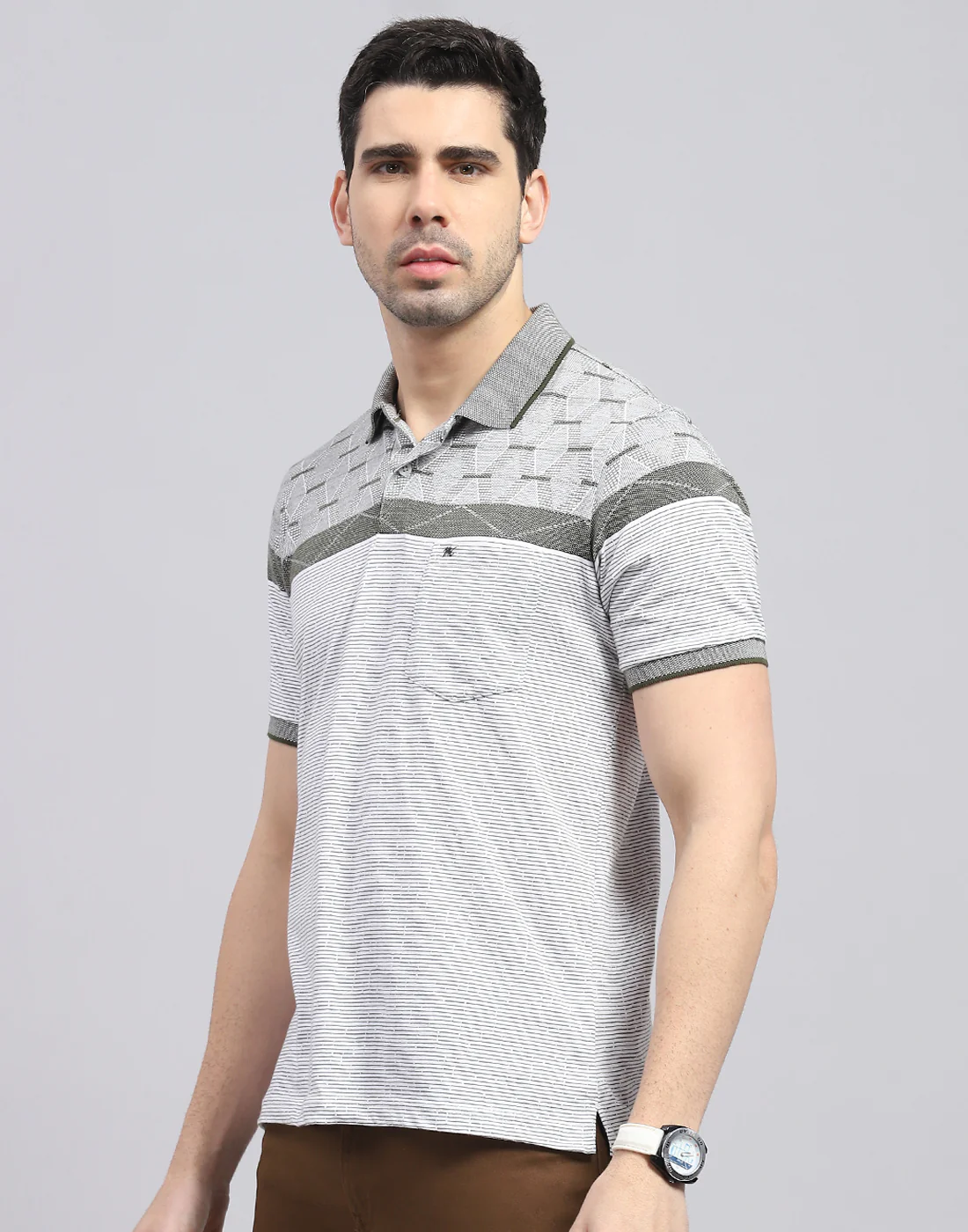 Men Olive Stripe Polo Collar Half Sleeve T-Shirt - Image 3