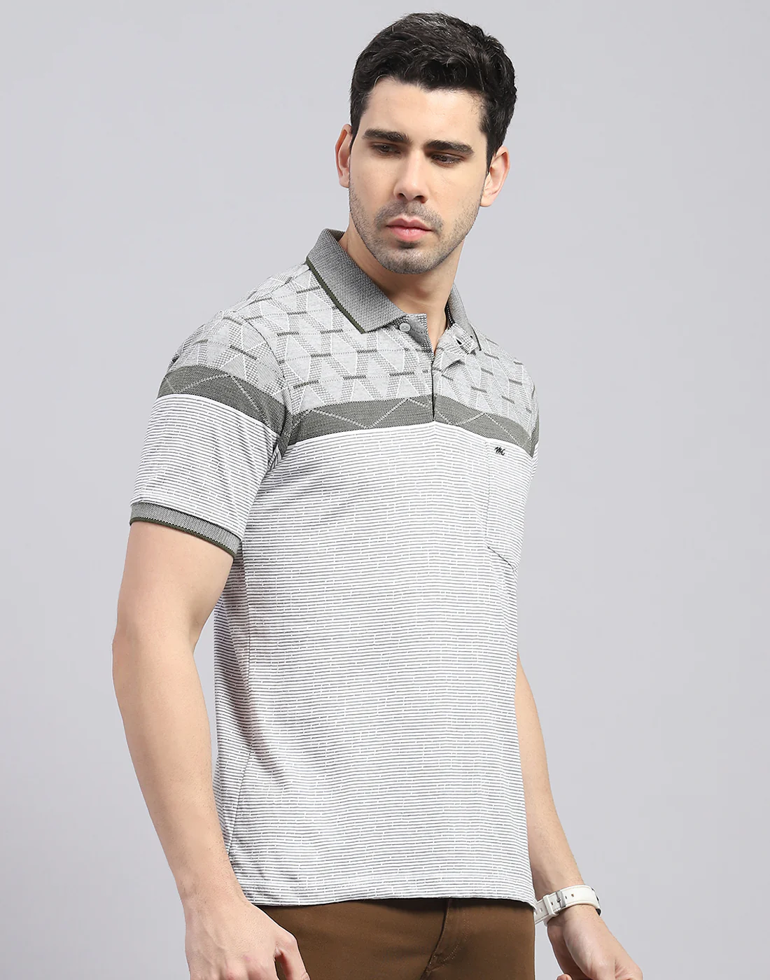 Men Olive Stripe Polo Collar Half Sleeve T-Shirt - Image 4