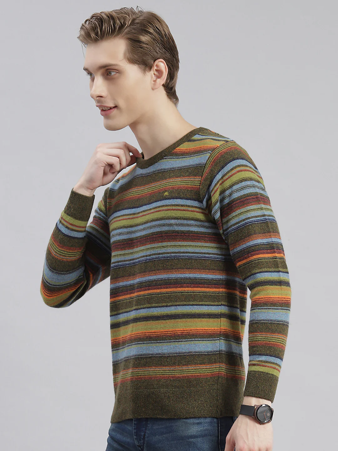 Men Olive Stripe Round Neck Full Sleeve Sweaters/Pullovers - Image 4