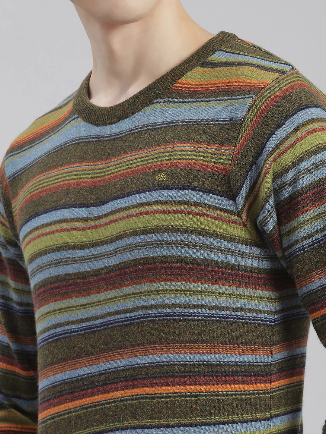 Men Olive Stripe Round Neck Full Sleeve Sweaters/Pullovers - Image 7
