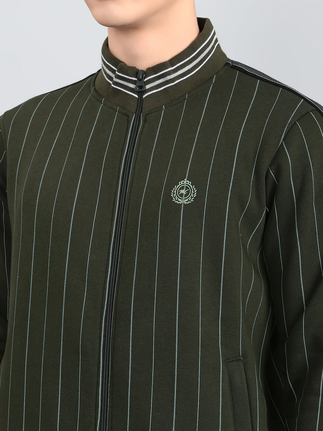 Men Olive Stripe Round Neck Full Sleeve Winter Tracksuit - Image 5